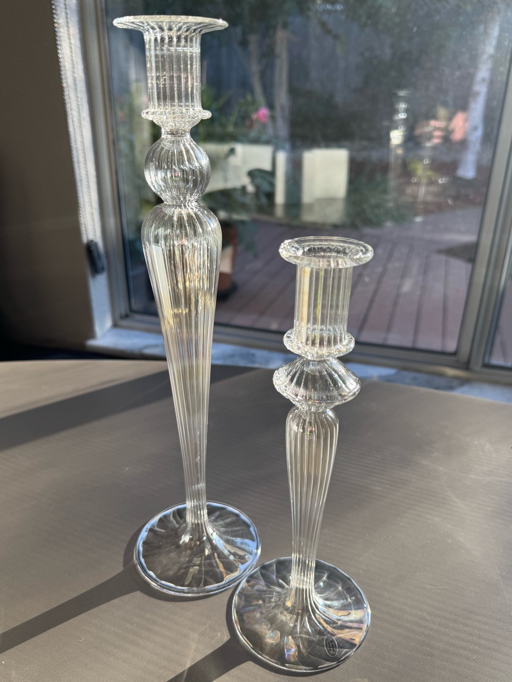 Egyptian Borosilicate Glass Candlesticks Pair 13” & 9½” Hand-Blown Ribbed